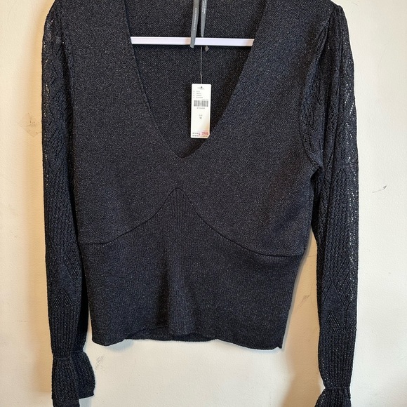 Anthropologie NWT Twofer Black Metallic Shimmer V Neck Pullover Sweater Medium‎ - Picture 2 of 7